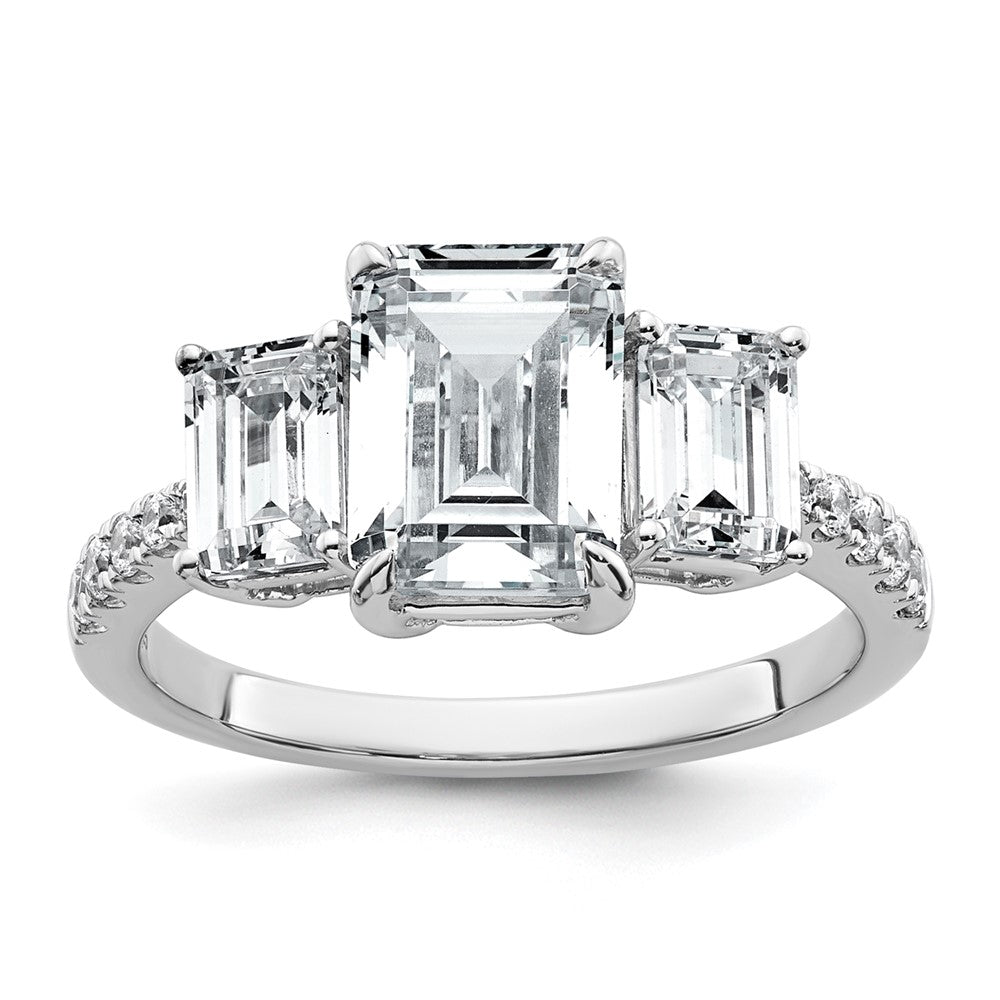 14K White Gold 3 3/8 carat Lab Grown Diamond VS/SI+ G+ Emerald Certified Complete 3-Stone Engagement Ring