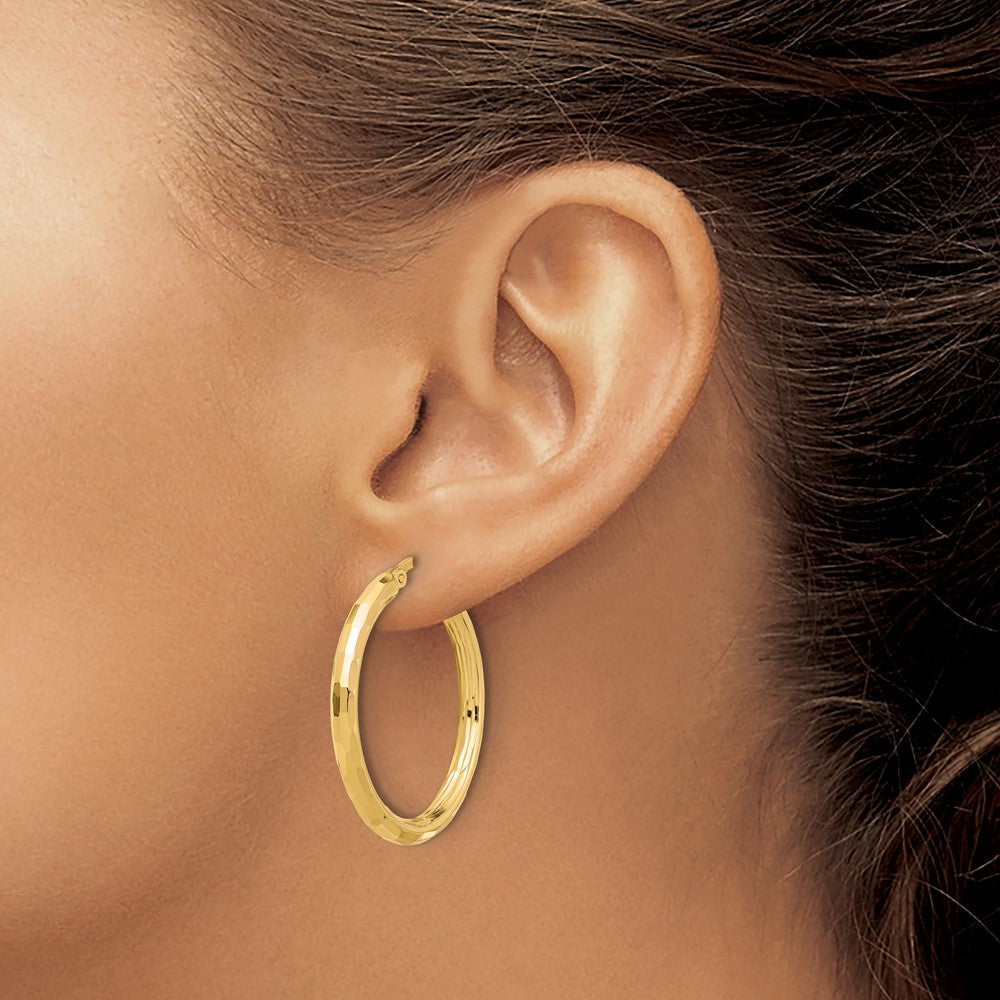 14K Yellow Gold Polished and Diamond-cut Hoop Earrings