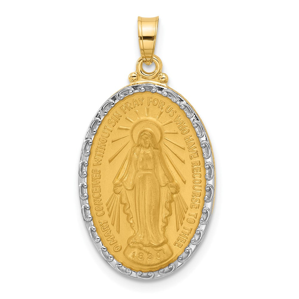 14K Yellow Gold and Rhodium Polished and Satin Solid Miraculous Medal Oval Pendant