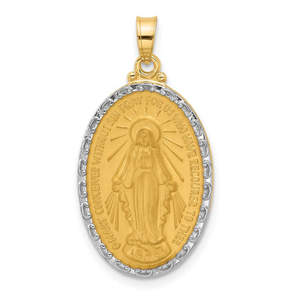 14K Yellow Gold and Rhodium Polished and Satin Solid Miraculous Medal Oval Pendant