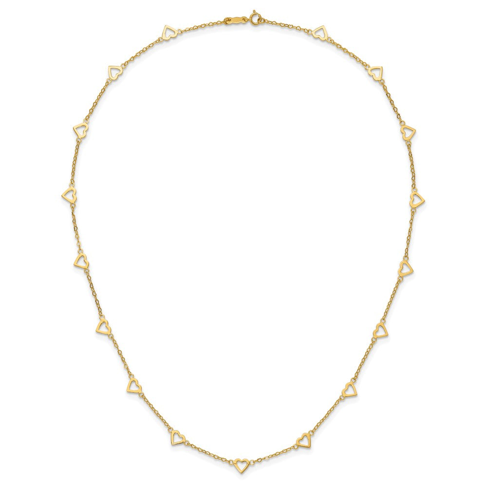 14K Yellow Gold Polished Open Hearts with Heart Link Chain 24 Inch Station Necklace
