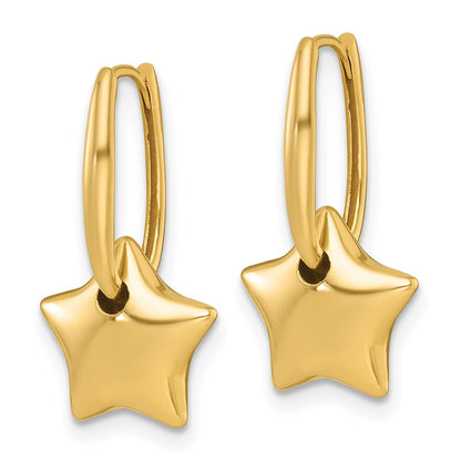 14K Yellow Gold Polished Dangle Puffed Star Hinged Hoop Earrings