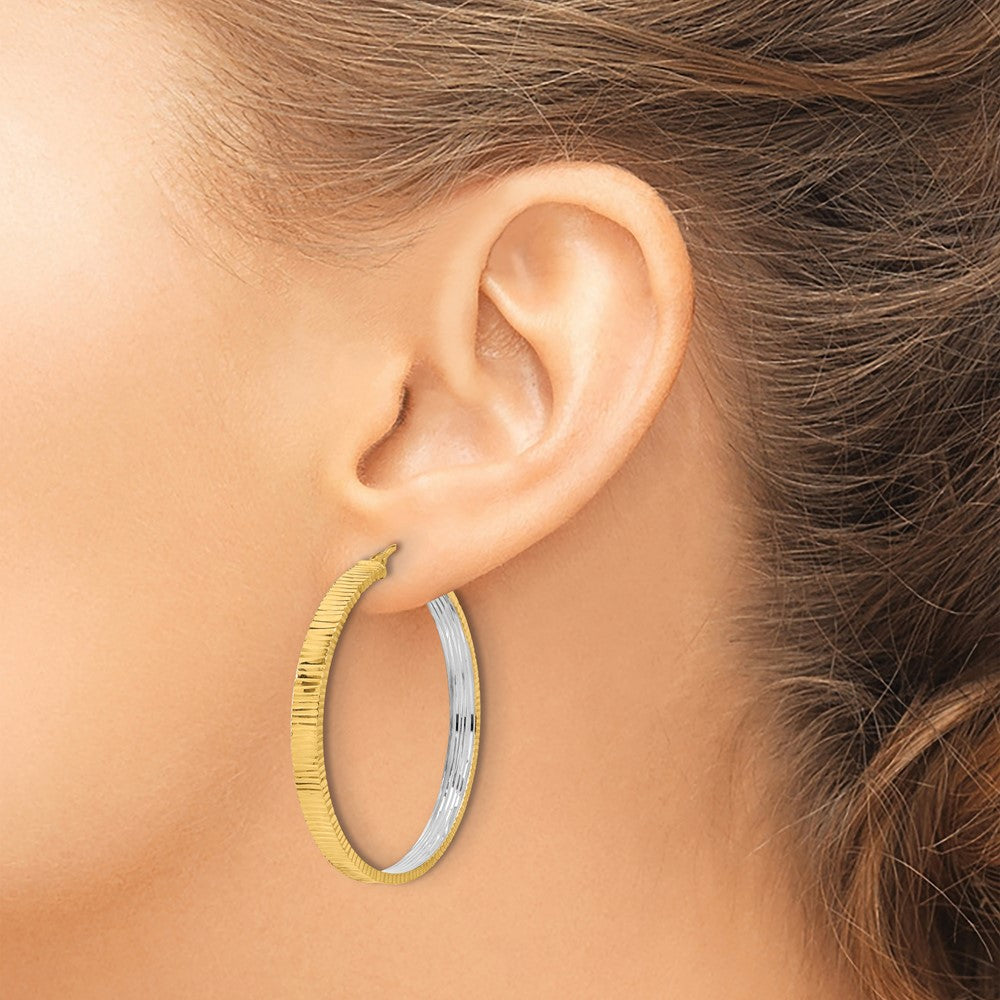 14K Yellow Gold Polished and Rhodium Diamond-cut Circle Hoop Earrings