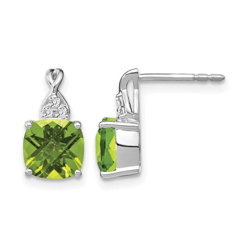 14K White Gold 7mm Cushion Checkerboard August/Peridot and Diamond Post Earrings
