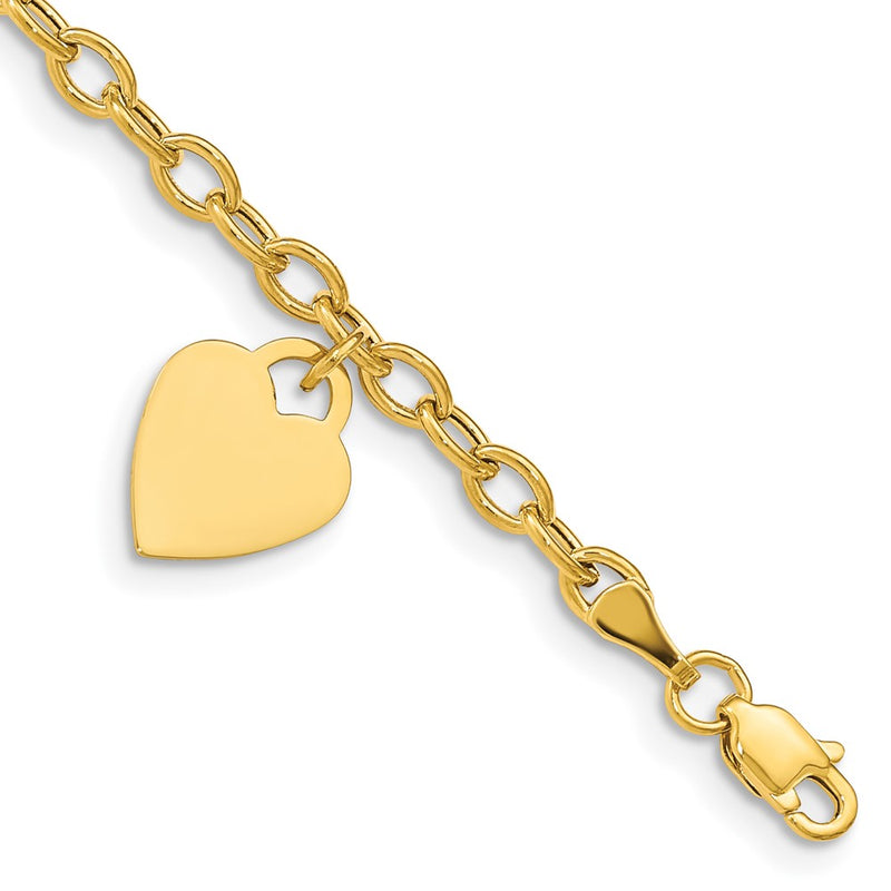 14K Yellow Gold Engravable 14x10mm Solid Dangle Heart Charm and Hollow Chain 6 Inch Childs Bracelet