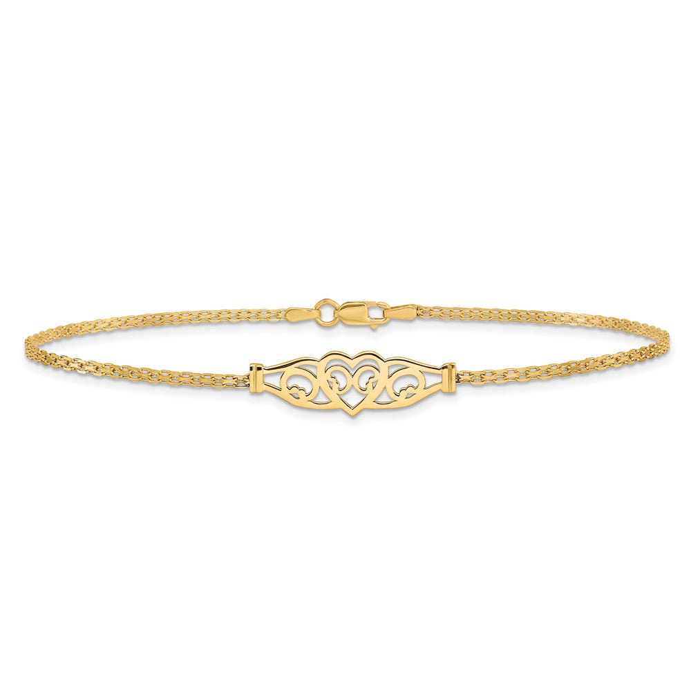 14K Yellow Gold Polished Filigree Heart and Bismark Chain Anklet