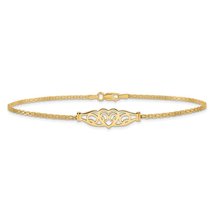 14K Yellow Gold Polished Filigree Heart and Bismark Chain Anklet