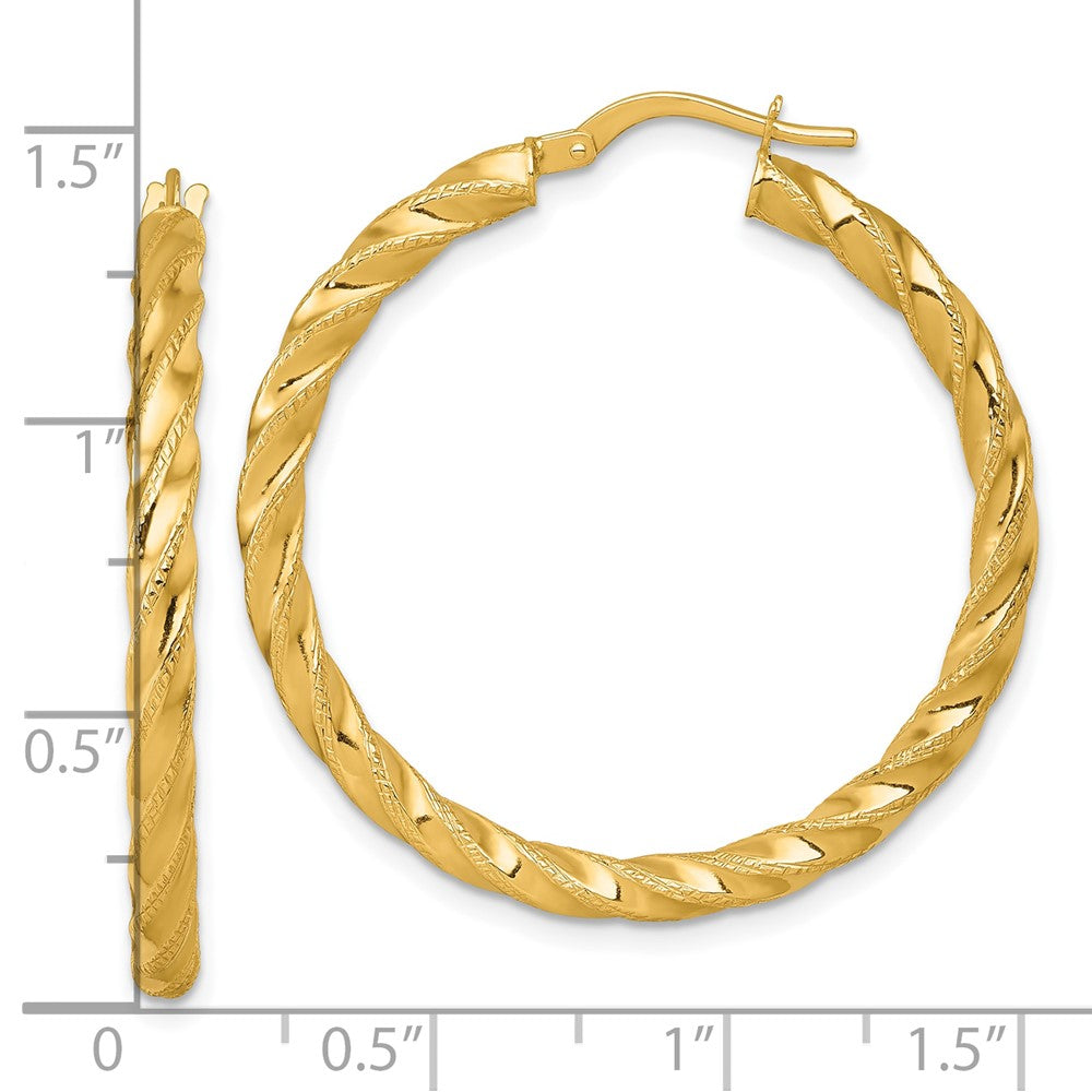 14K Yellow Gold Polished Diamond-cut Twisted 3.00 x 35mm Tube Hoop Earrings