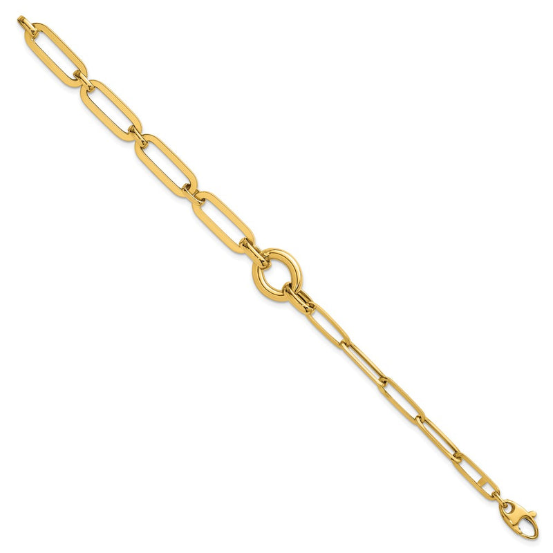 14K Yellow Gold Polished Fancy Paperclip Link with Circle 7.25 Inch Bracelet