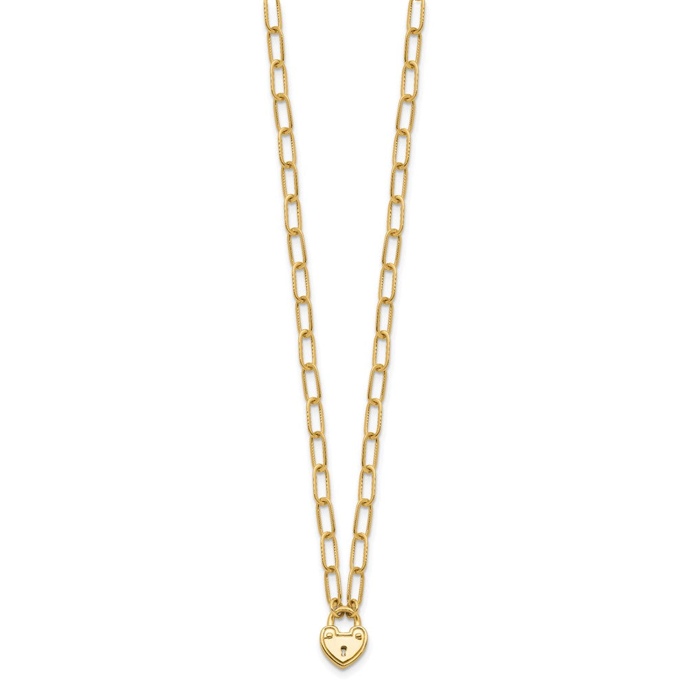 14K Yellow Gold Polished Heart Lock Charm Paperclip Link 17.25 Inch Necklace
