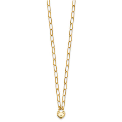 14K Yellow Gold Polished Heart Lock Charm Paperclip Link 17.25 Inch Necklace
