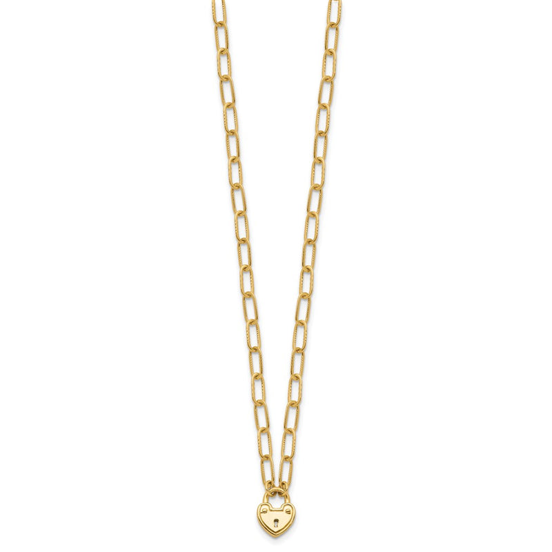 14K Yellow Gold Polished Heart Lock Charm Paperclip Link 17.25 Inch Necklace