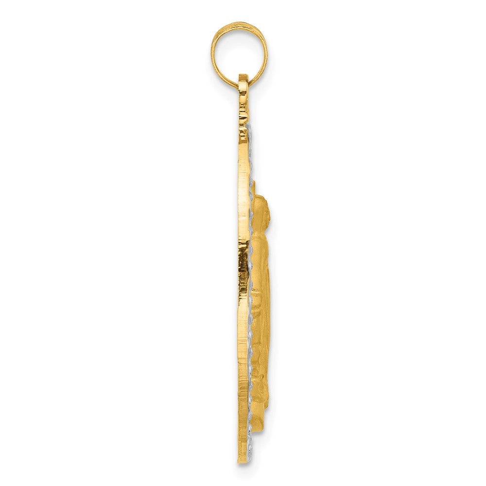 14K Yellow Gold and Rhodium Polished and Satin Solid Miraculous Medal Oval Pendant