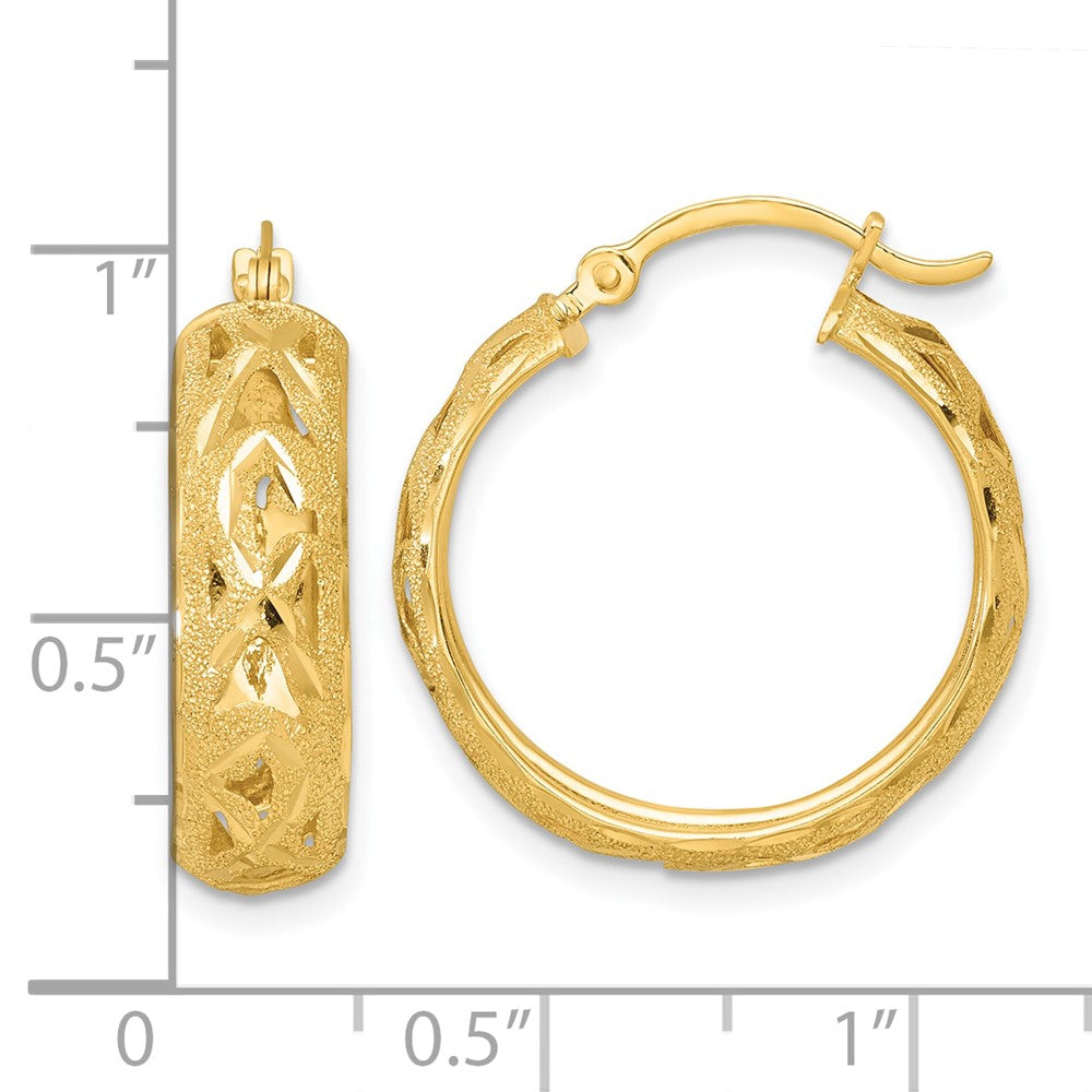 14K Yellow Gold Polished Laser and Diamond-cut 6.15x21mm Fancy Design Round Hoop Earrings