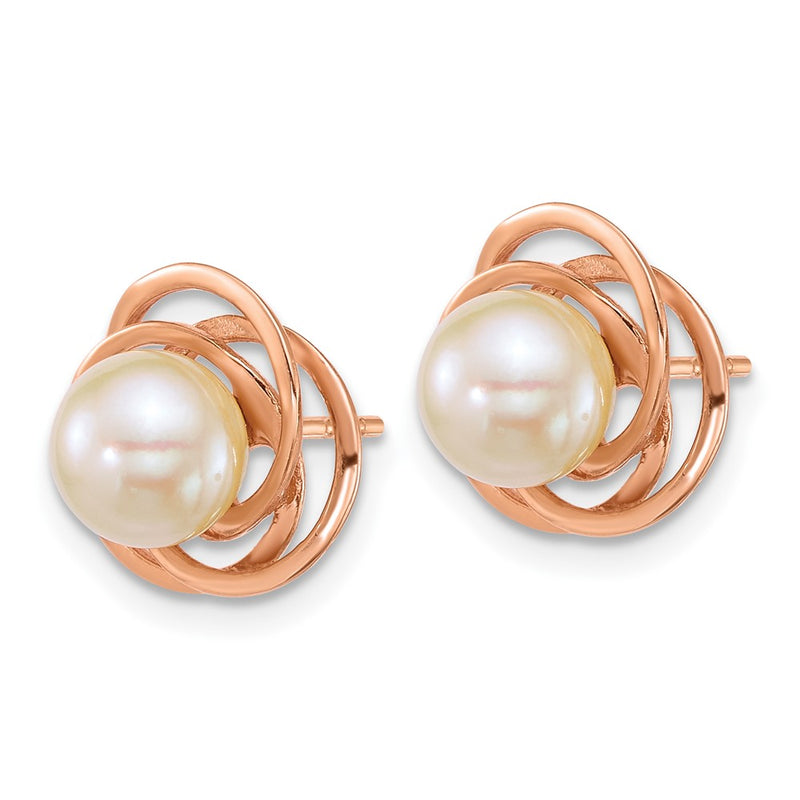 14K Rose Gold Polished 6-7mm Round White South Sea Saltwater Cultured Pearl Love Knot Post Earrings