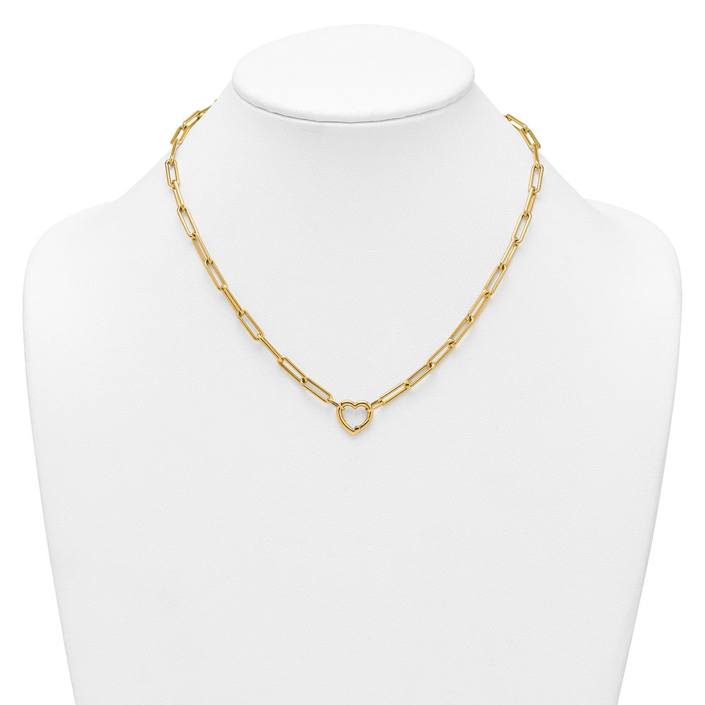 14K Yellow Gold Polished Heart Clasp 17.5 Inch Paperclip Chain Necklace