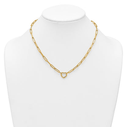 14K Yellow Gold Polished Heart Clasp 17.5 Inch Paperclip Chain Necklace