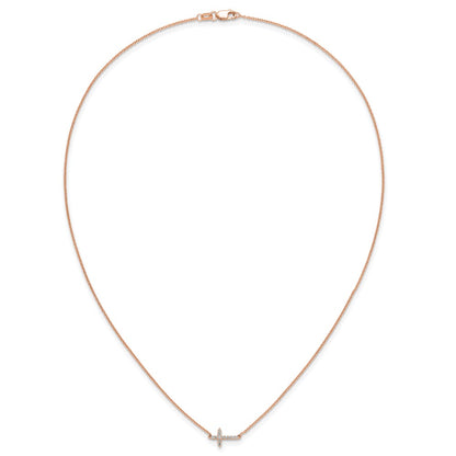 14K Rose Gold 1/10 carat Diamond Sideways Cross 18 Inch Necklace