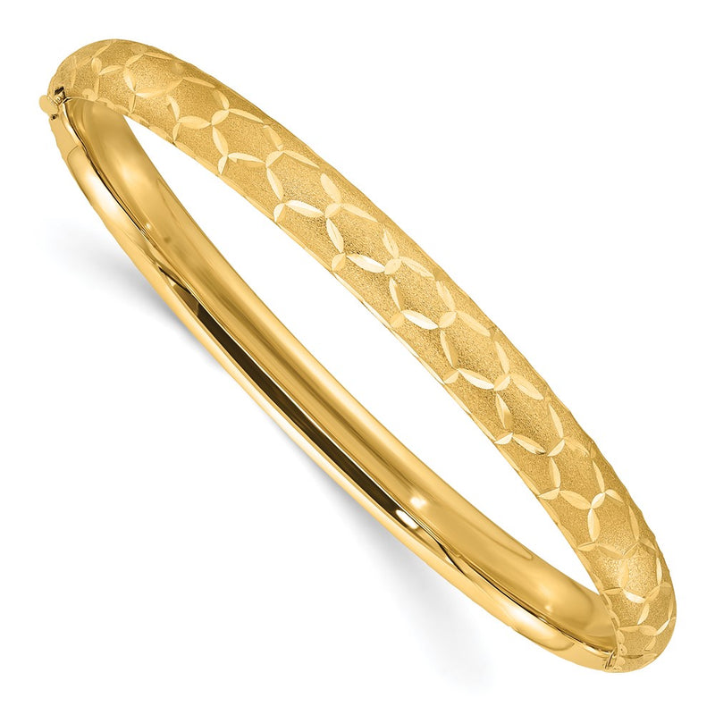 14K Yellow Gold Satin Diamond-cut 6.20mm Hinged Round Bangle Bracelet