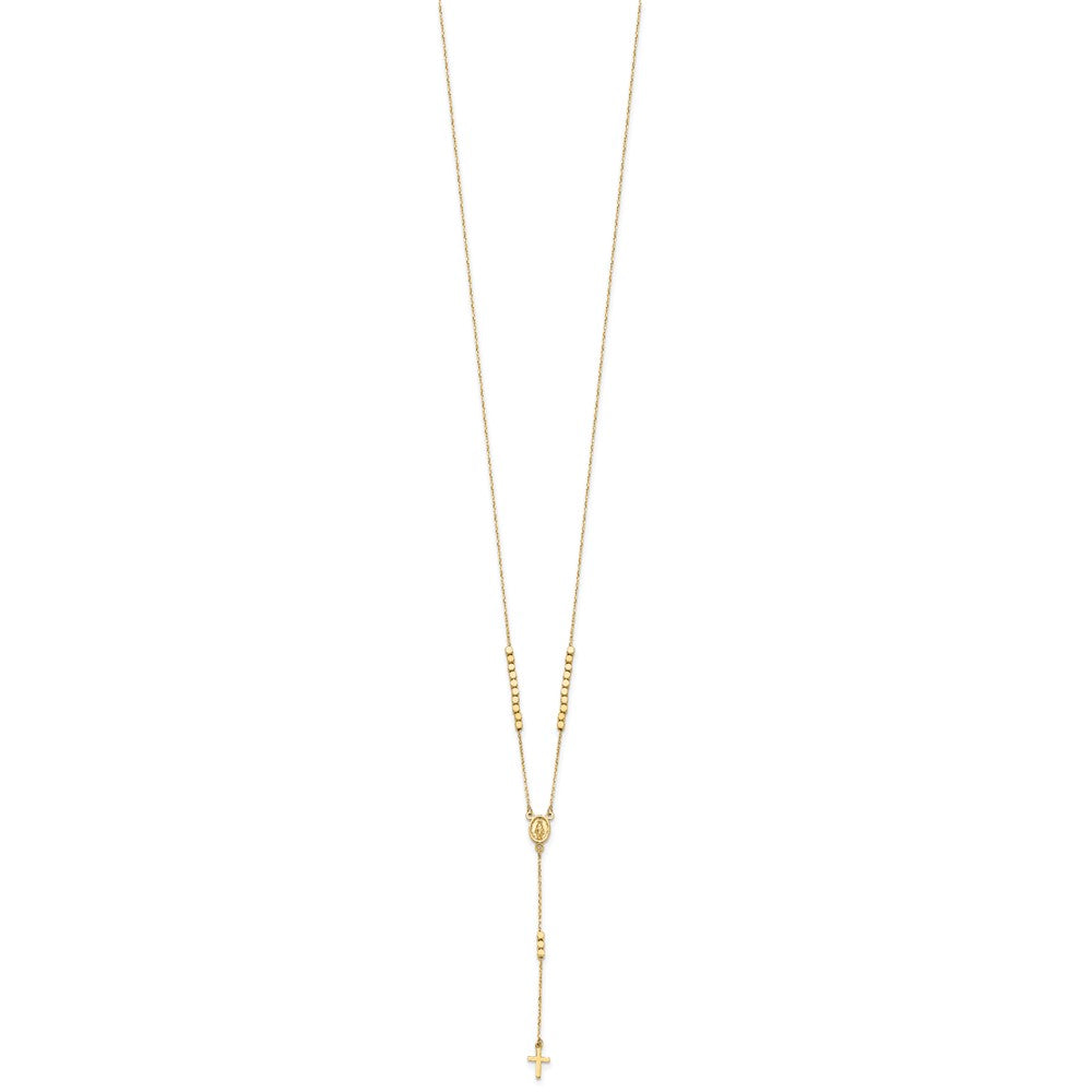 14K Yellow Gold Polished Miraculous Medal and Cross Rosary Design 17.75 Inch Y-Drop Necklace
