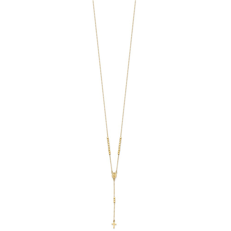 14K Yellow Gold Polished Miraculous Medal and Cross Rosary Design 17.75 Inch Y-Drop Necklace