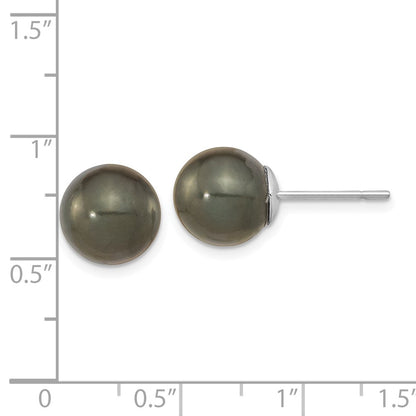 14K White Gold 10-11mm Black Round Tahitian Saltwater Cultured Pearl Post Earrings