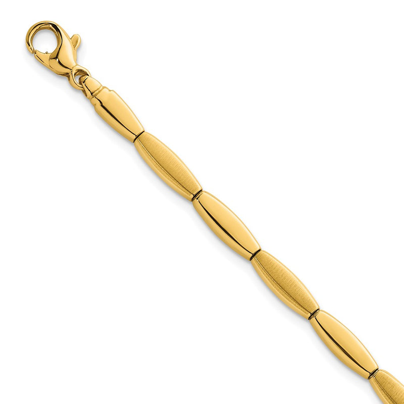 14K Yellow Gold Brushed and Polished 4mm Fancy Oval Bar Link 7.5 Inch Bracelet
