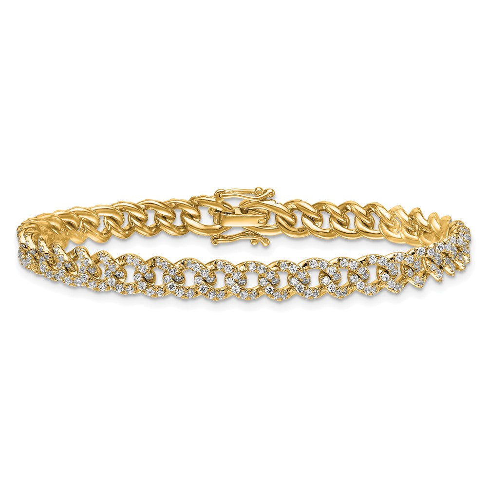 14K Yellow Gold Polished Complete 2.6 carat Diamond Fancy Curb Link 7 Inch Bracelet