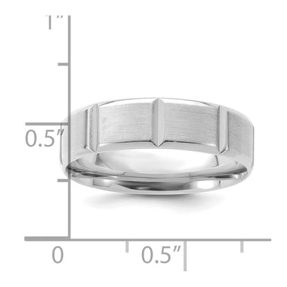 14K White Gold 6mm Standard Weight Comfort Fit Brushed/Polished Beveled Edge with Vertical Lines Wedding Band Ring