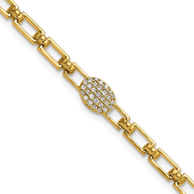 14K Yellow Gold Polished Complete 1/8 carat Diamond Oval Cluster Fancy Link 7 Inch Bracelet with 1 Inch Extender