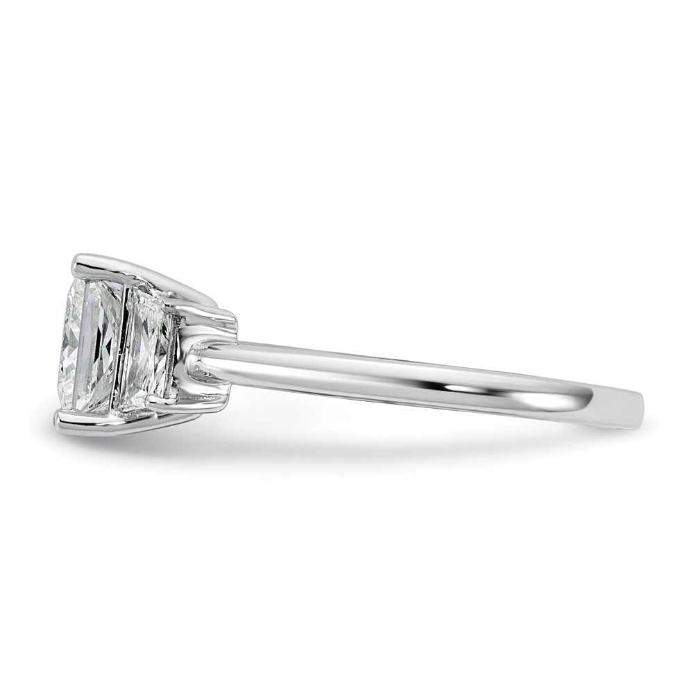 14K White Gold 1/2 carat Lab Grown Diamond VS+ F+ Trapezoid 1 1/2 carat Princess Center Semi Mount Three Stone Engagement Ring