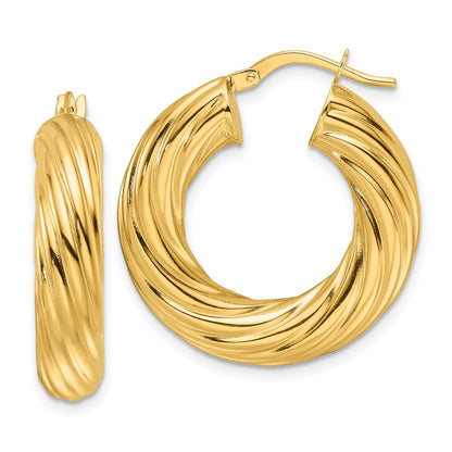 14K Yellow Gold Polished Twist 6mm Hollow Round Hoop Earrings