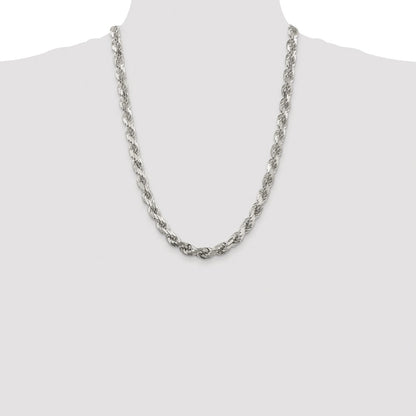 Sterling Silver Rhodium-plated 7.8mm Diamond-cut Rope 24 Inch Chain