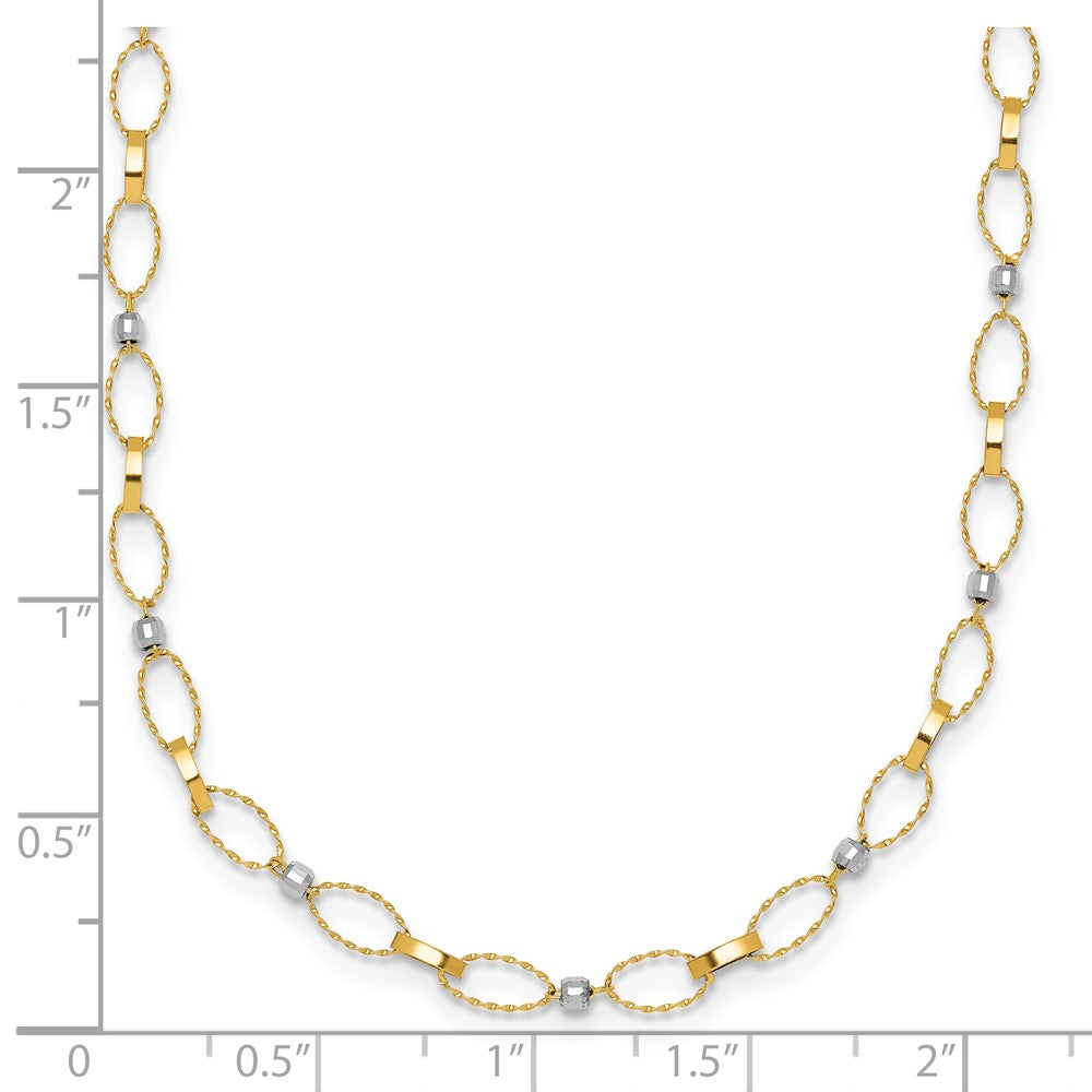 14K Two-Tone Gold Two-tone Polished and Twisted Fancy Oval Links and Faceted Beads 18 Inch Necklace