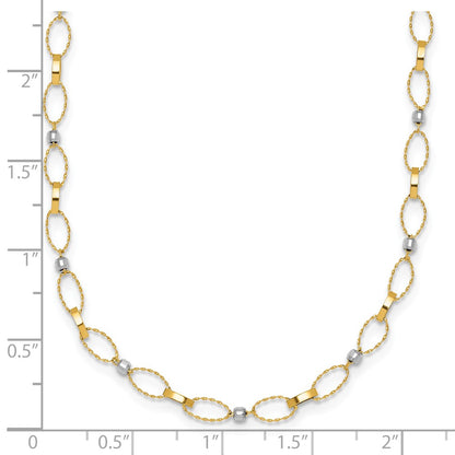 14K Two-Tone Gold Two-tone Polished and Twisted Fancy Oval Links and Faceted Beads 18 Inch Necklace