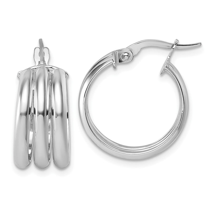 14K Yellow Gold with Rhodium Polished Triple Row 8.00mm x 18mm Round Hoop Earrings