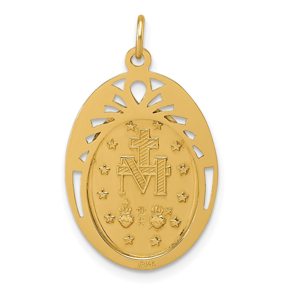 14K Yellow Gold Polished and Satin Semi-solid Miraculous Medal in Frame Oval Pendant