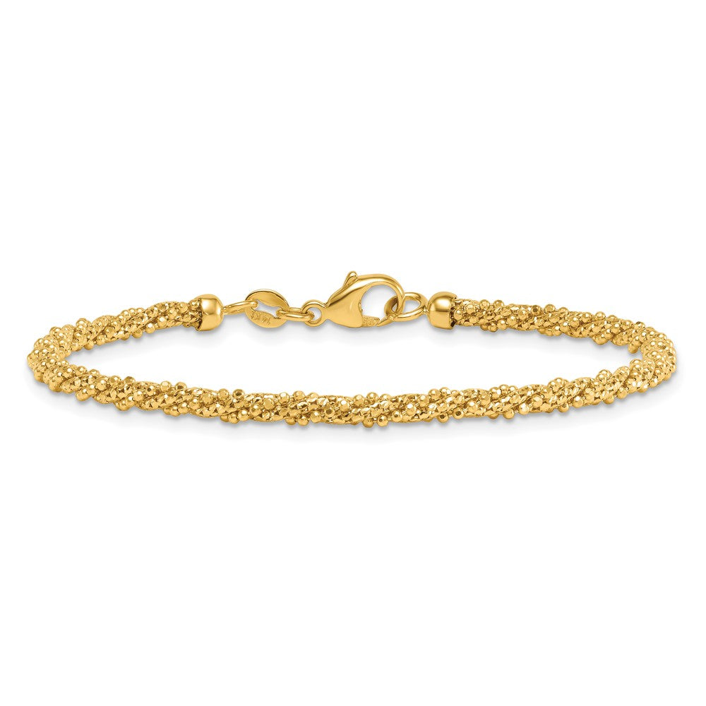 14K Yellow Gold Polished and Textured 3mm Twisted Mesh Fancy Beaded Chain Bracelet
