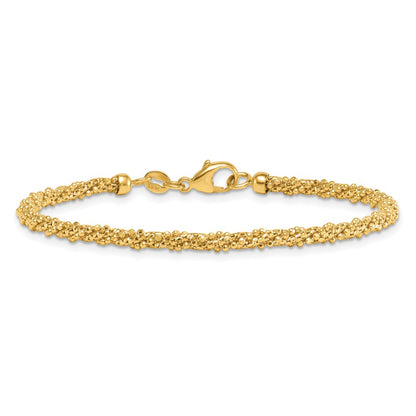 14K Yellow Gold Polished and Textured 3mm Twisted Mesh Fancy Beaded Chain Bracelet