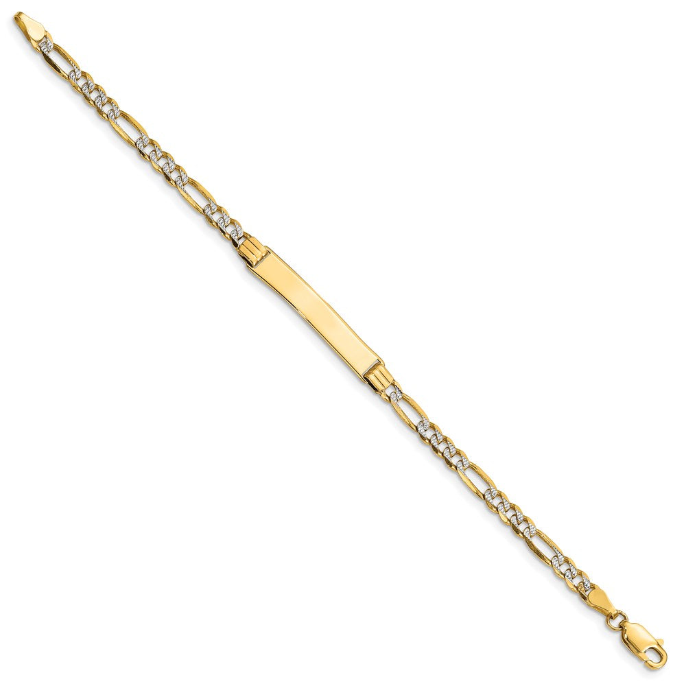 14K Yellow Gold with Rhodium Polished Solid Chain/Solid Plate Pav‚ Figaro Link 26x5mm Plate 5.5 Inch Baby/Child ID Bracelet