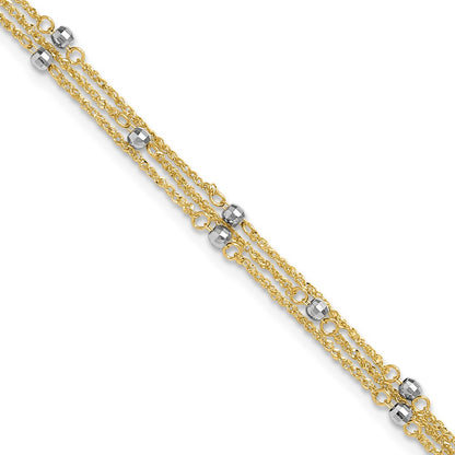 14K Two-Tone Gold Two-tone 3-Strand Chain with Mirror Beads 10 Inch Plus 1 Inch Extender - Total 11 Inch Anklet