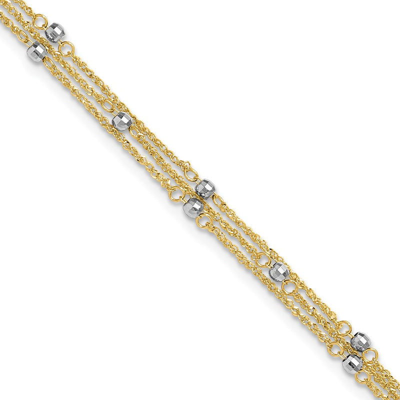 14K Two-Tone Gold Two-tone 3-Strand Chain with Mirror Beads 10 Inch Plus 1 Inch Extender - Total 11 Inch Anklet