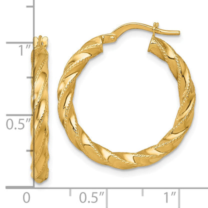 14K Yellow Gold Polished Diamond-cut Twisted 3.00 x 25mm Tube Hoop Earrings