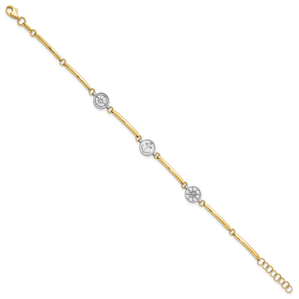 14K Two-Tone Gold Two-tone Polished Compass/Anchor/Ships Wheel 7 Inch Bracelet Plus 1 Inch Extender