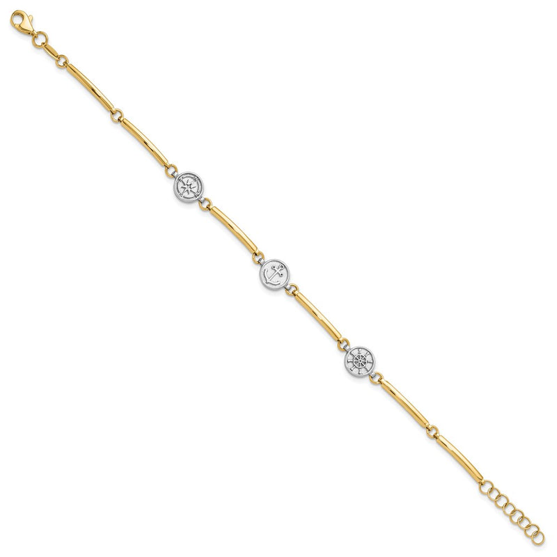 14K Two-Tone Gold Two-tone Polished Compass/Anchor/Ships Wheel 7 Inch Bracelet Plus 1 Inch Extender