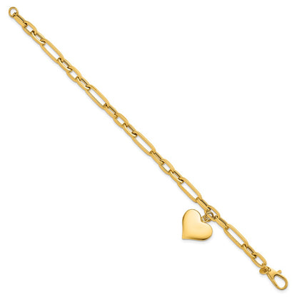 14K Yellow Gold Polished Paperclip Figaro Link With Puffed Heart Dangle 7.5 Inch Bracelet