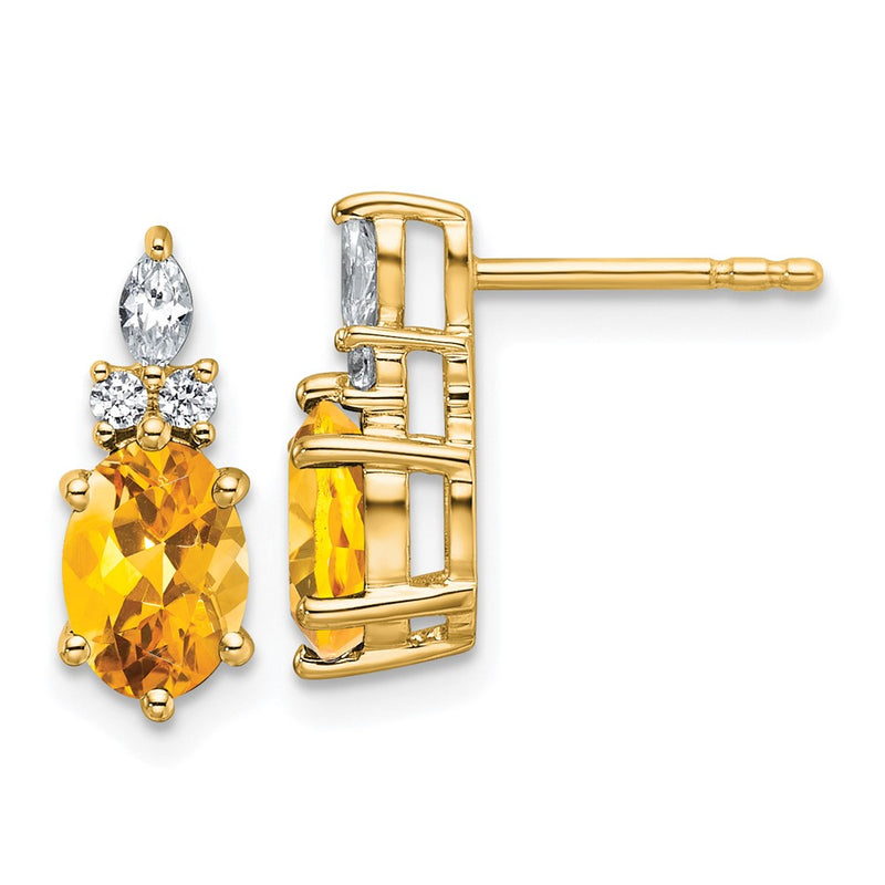 14K Yellow Gold Diamond and 7x5 Oval November/Citrine Post Earrings