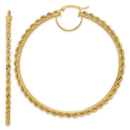 14K Yellow Gold Polished and D/C Rope 2.95mm Hoop Earrings
