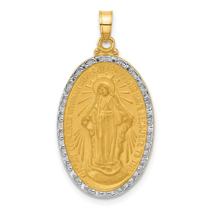 14K Yellow Gold and Rhodium Polished and Satin Solid Miraculous Medal Oval Pendant
