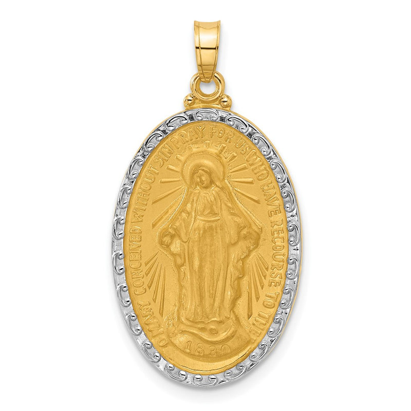 14K Yellow Gold and Rhodium Polished and Satin Solid Miraculous Medal Oval Pendant